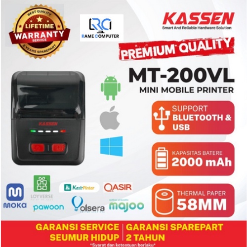 Kassen MT200VL Mini Printer Thermal Bluetooth Portable 58mm MT-200VL