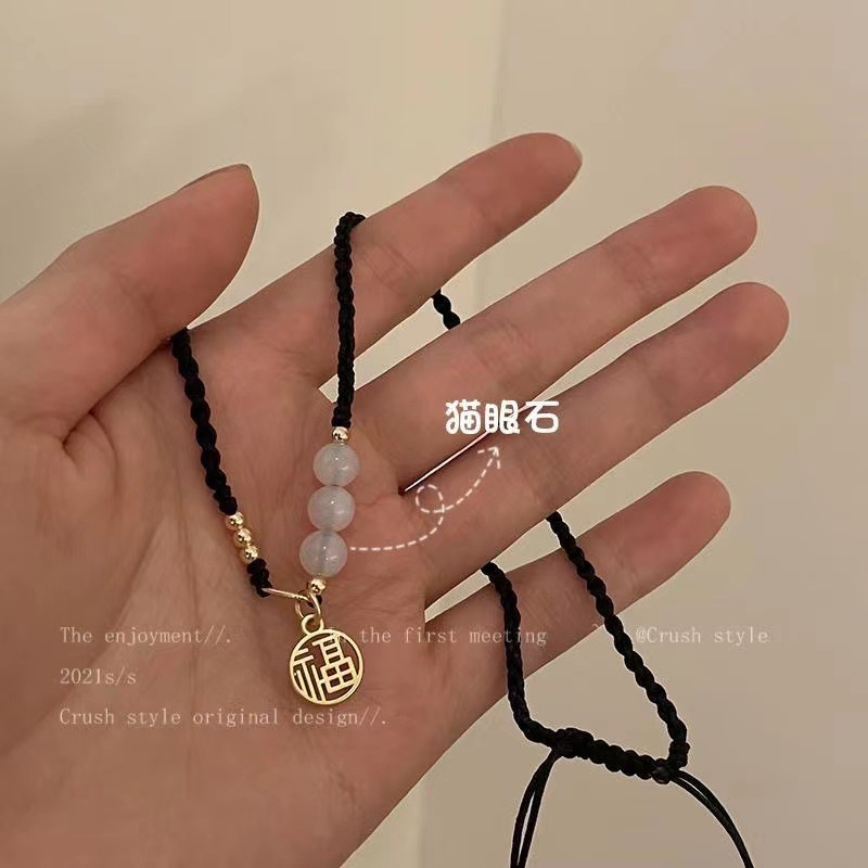 Gelang Tali Hitam Adjustable Hias Opal Fu Gaya Korea Untuk Wanita