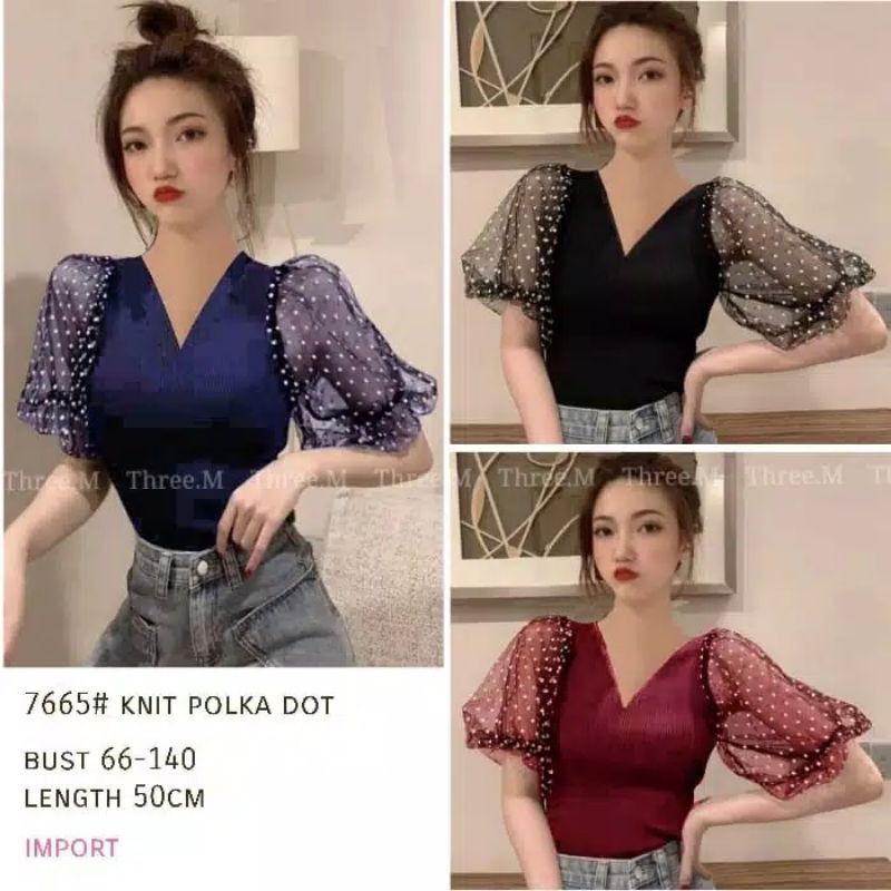 Z 7665 Knet Polkadot Blouse Korea import Atasan polkadot Baju pendek Baju cewek Pakaian wanita keren
