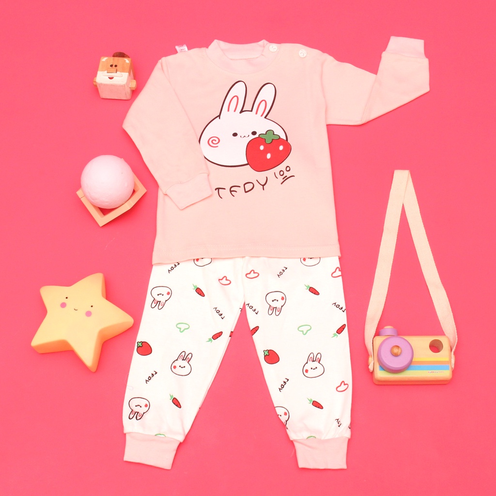 PIYAMA KAOS IMPORT RABBIT STRAWBERRY BAJU TIDUR ANAK LENGAN PANJANG BAHAN PREMIUM