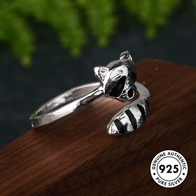 Cincin Sterling Silver 925 Desain Rakun Lucu Kreatif Untuk Wanita