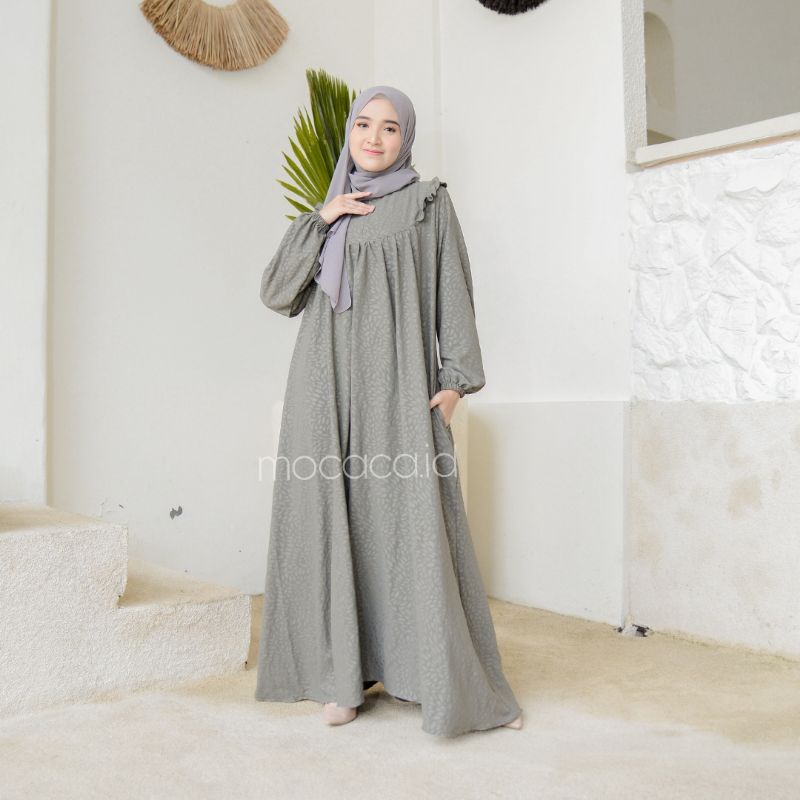 Dress Premium Lebaran maxi rok saku kanan busui friendly peach salem hijau abu pink biru baby blue sky cocok untuk hari raya bahan embos crincle premium