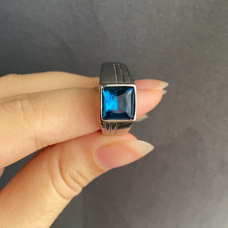 Cincin Single Pria Cowok Titanium 316L Anti Karat Import Blue Zircon AAA CP002