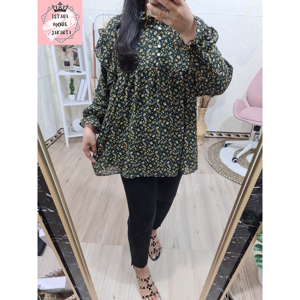ISTANA MODE JAKARTA Zira baju atasan wanita terbaru blouse korean style blouse wanita lengan panjang-HITAM BUNGA HIJAU-3