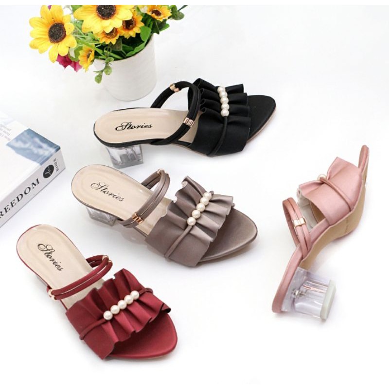 Sandal Heels kaca Wanita Mutiara Deret AD 04