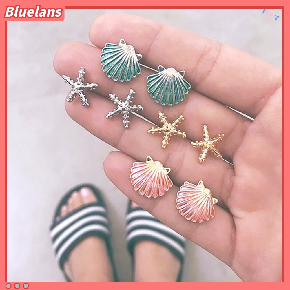 Bluelans 4 Pairs Boho Women Starfish Shell Stud Earrings Set Summer Jewelry Accessories