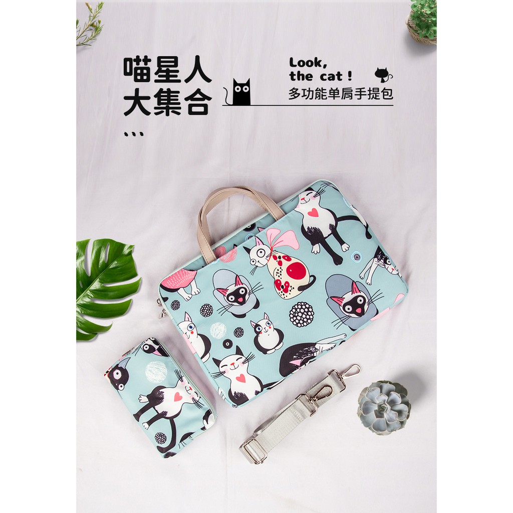 Tas Laptop Jinjing Selempang Wanita THE CAT Printed Lucu WATERPROOF 11 12 13 14 15 15.6 inch + Pouch