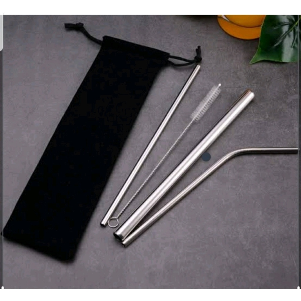 Sedotan Stainless Steel  Stainless Steel Straw Set 5 GOOD QUALITY - Pouch Hitam