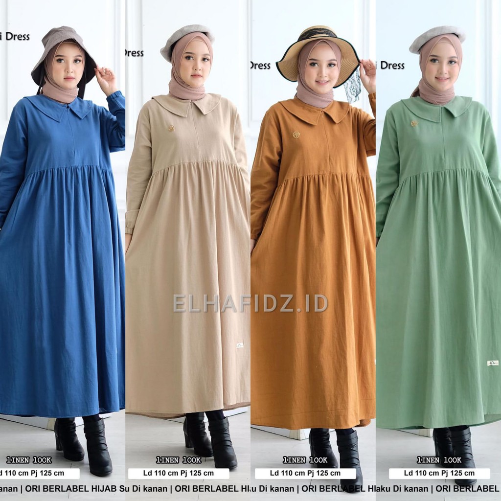 Hijab Sisters Shofia Midi Dress Linen Jumbo Motif Polos / Atasan Wanita LD 110 / Long Tunik Busui