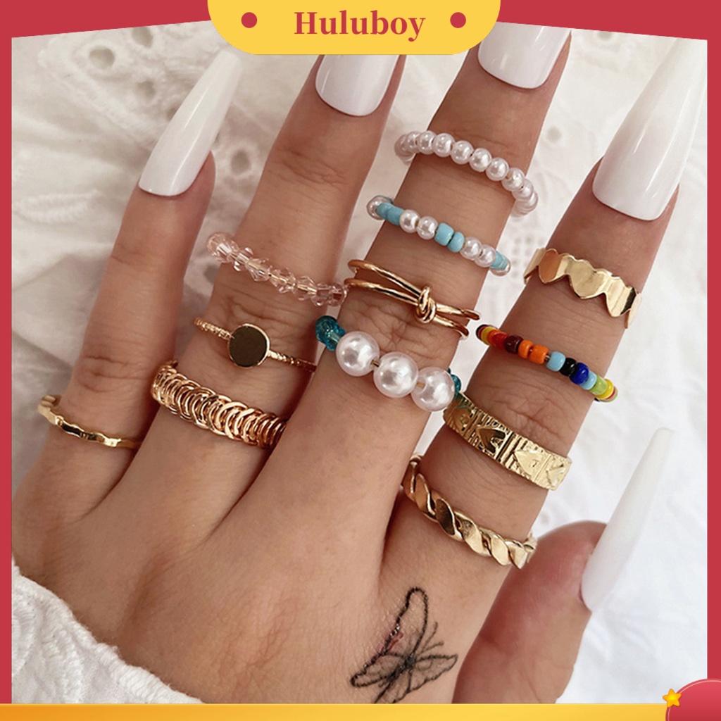 Hu Hu Hu Hu Hu Alat Bantu Pasang Kacamata♡ 12pcs / Set Cincin Knuckle Model Terbuka Aksen Mutiara Imitasi Warna-Warni Untuk Wanita