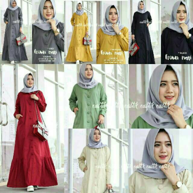 Crown maxi / busui / kancing hidup / crown maxy / gamis cantik / aple mustard grey black hitam krem
