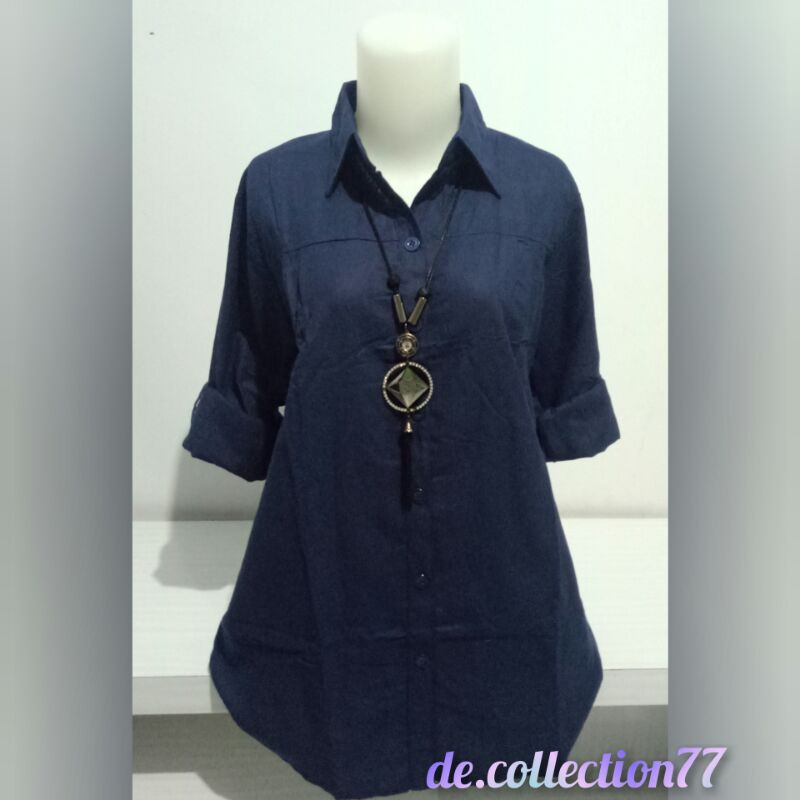 Kemeja Wanita Polos / Atasan Rami /Pakaian Wanita Lengan Panjang A.045A-Navy