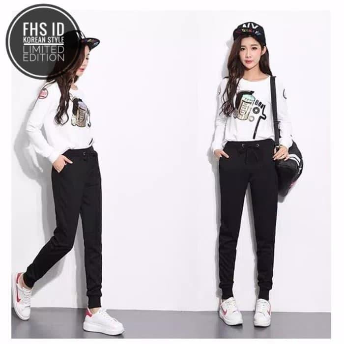 Sangat Murah Celana Panjang Jogger Wanita Training Cewek Jogger Finny Korean Style - Hitam