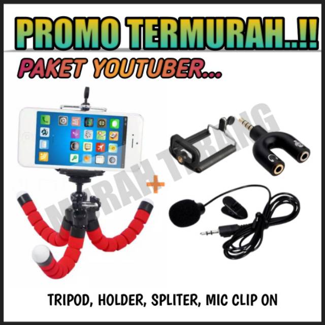 Paket youtuber - Tripod, Holder, Spliter, Mic (ALL IN ONE, VLOGGER, YOUTUBER, SMULLE, REKAMAN,COVER)