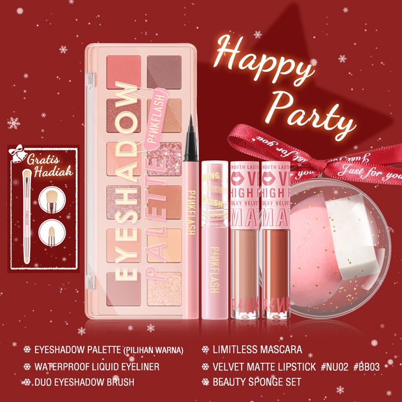 PINKFLASH 6PCS Makeup Set Pink Christmas Makeup Set Eyeshadow Eyeliner Mascara Eyes Lipsticks Makeup Sponge Beauty Set