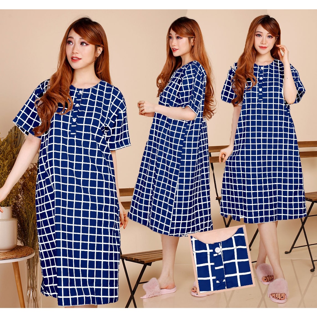 Daster JUMBO XXL Batik, Motif Acak / Campur, Leher Kancing Bumil Busui , Batik Warna-DJ Kotak kecil Navy