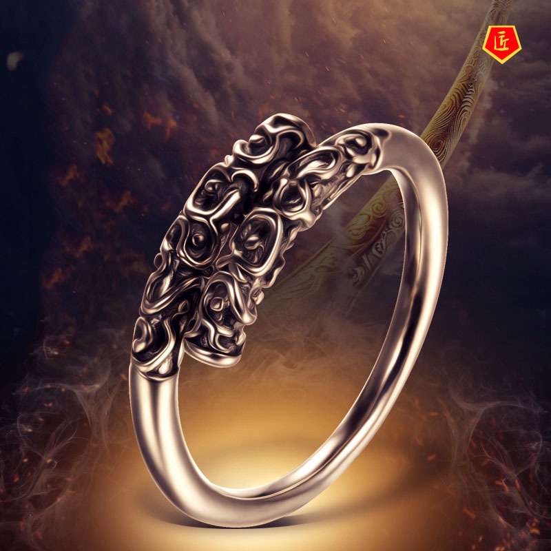 [Ready Stock]Retro Silver Personality Golden Cudgel Ring