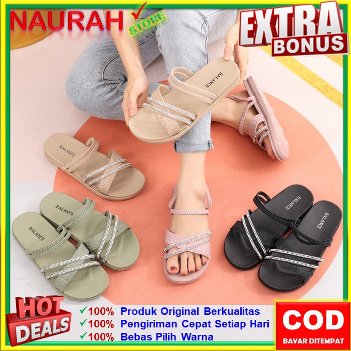 ✨ COD ✔️ SANDAL WANITA BALANCE L1602 2 SANDAL SLOP TALI DIAGONAL MENGKILAT NYAMAN AWET SOL ANTI SLIP