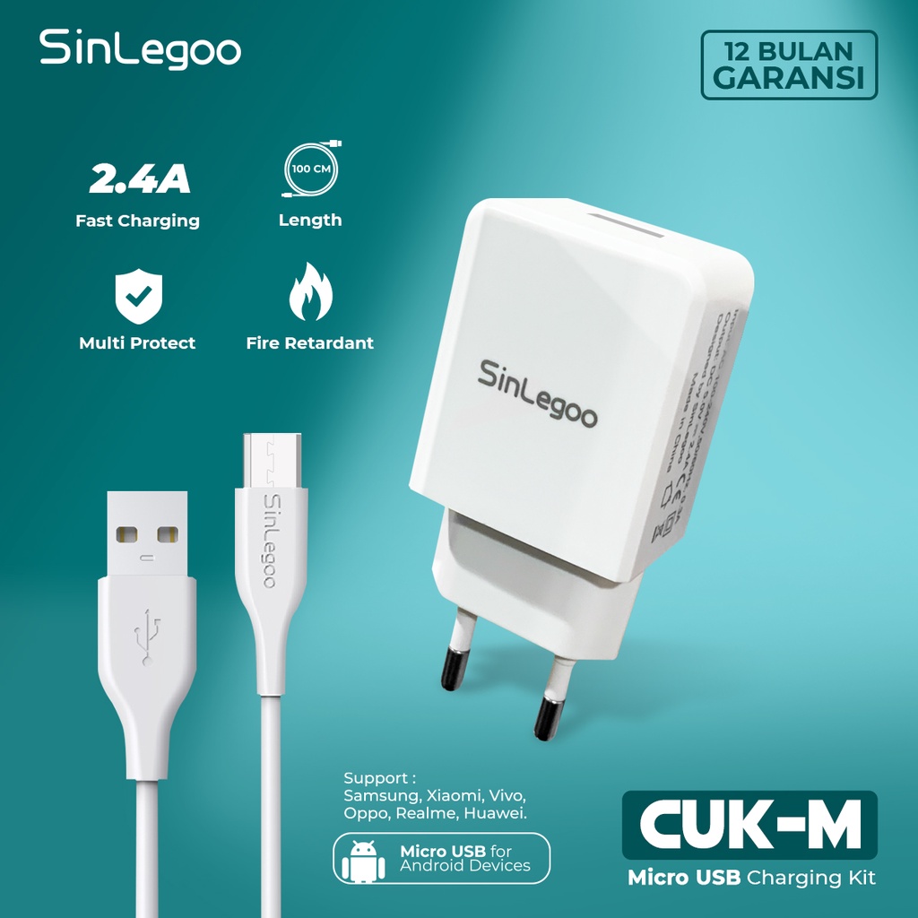 KHANZAACC SINLEGOO CUK-M Wall Charger Plus Kabel Data 2.4A Micro USB Single Port