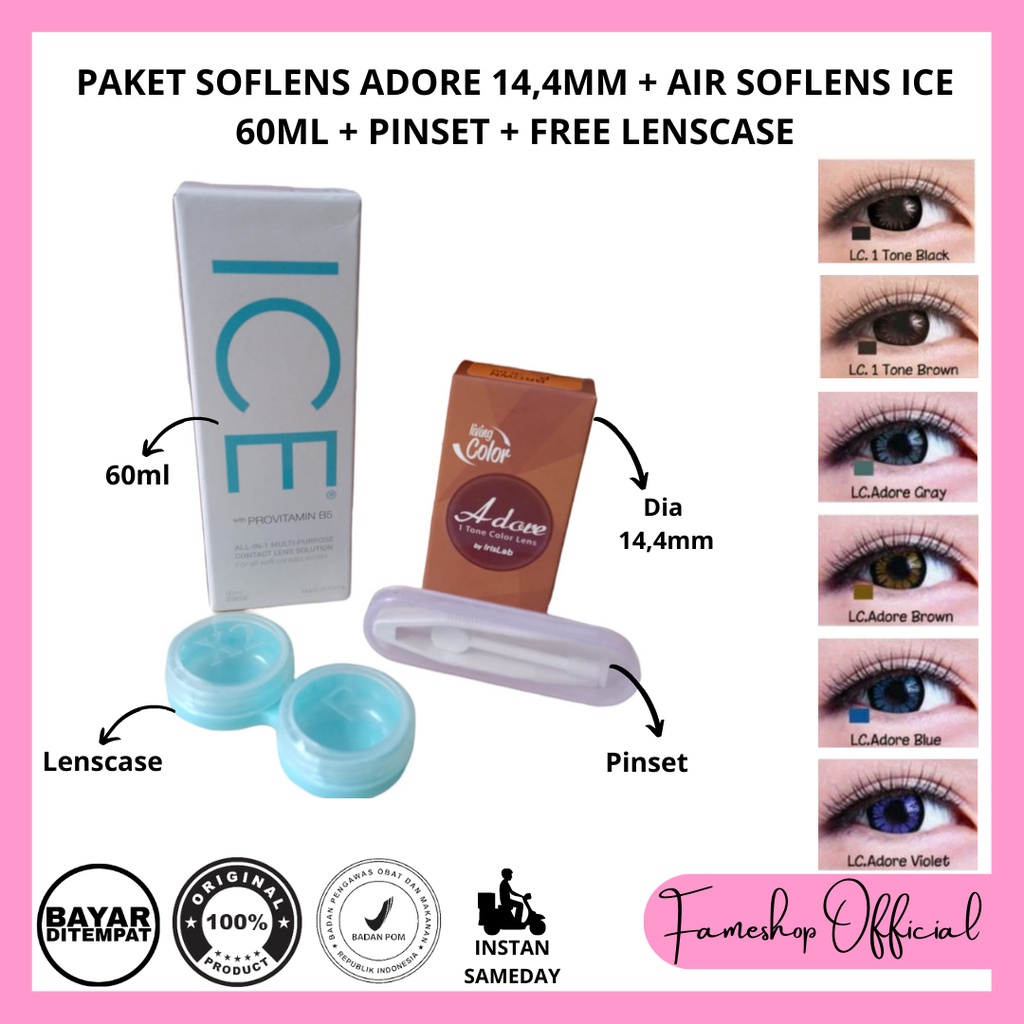 PAKET SOFTLENS ADORE DIA 14,5MM + CAIRAN ICE 60ML + PINSET + LENSCASE / COD INSTAN SAMEDAY / LENSA KONTAK / PAKET MURAH