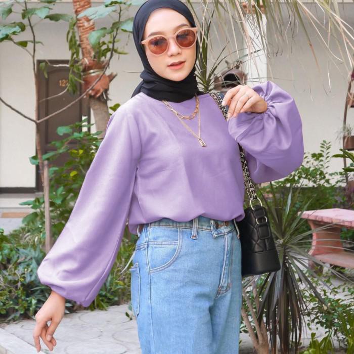 fikashop000 Baju Atasan Blouse Wanita Muslimah Polos Lengan Panjang ala Korea - Ungu