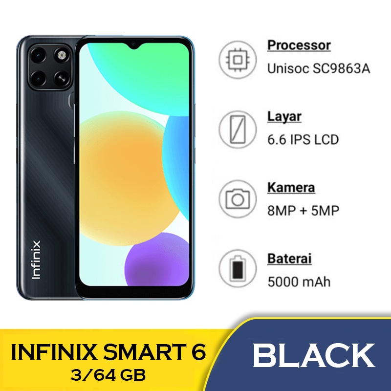Markas Hp ✪ Bisa Cicil & COD ☑ Hp Infinix Smart 6 2 32 GB - Infinix Smart 6 3 64 GB | Smart 6 Plus NFC 2/32 GB Garansi Resmi Infinix Hp Baru-S6 3/64 Black