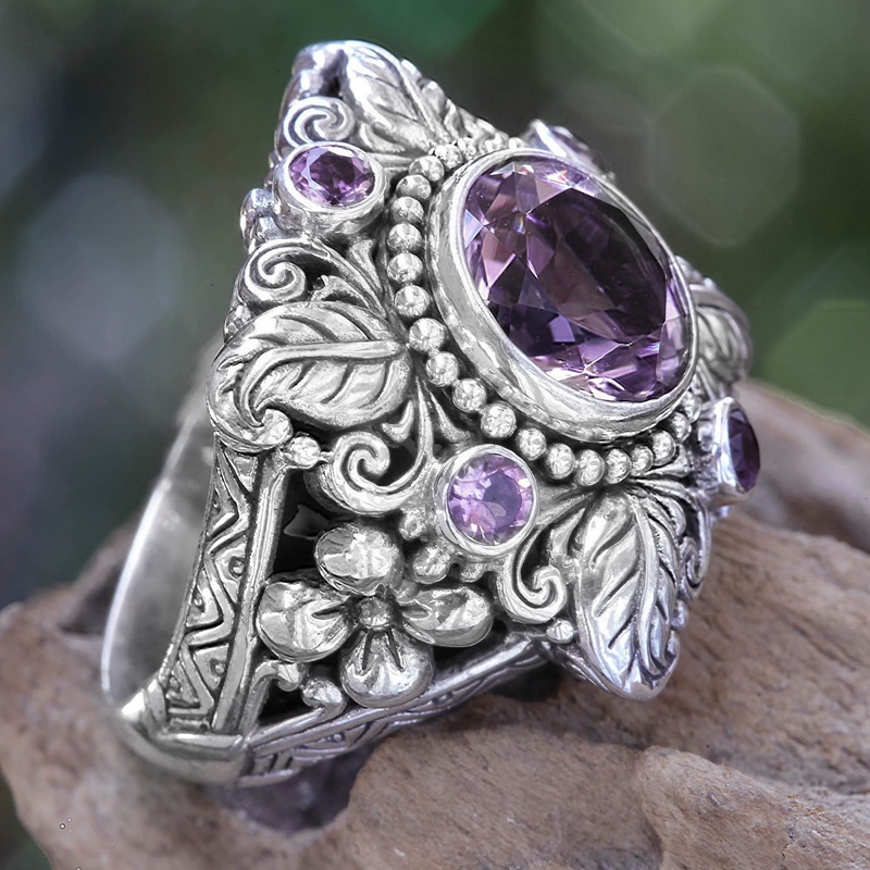 Cincin Meditasi Desain Bunga Amethyst Warna Silver