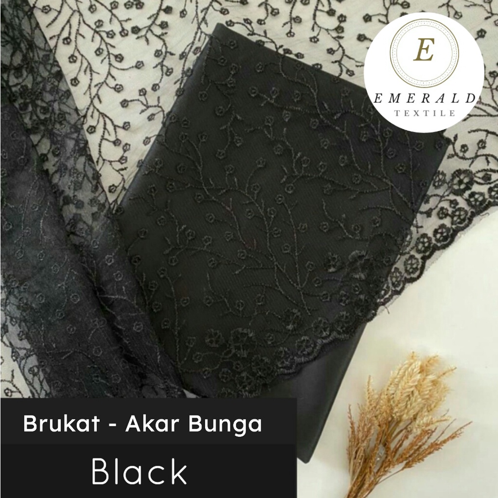 SETENGAH METER Kain Brokat Tile Prancis Bahan Kebaya Motif Akar Bunga - Black ( HARGA PER 50cm KAIN )