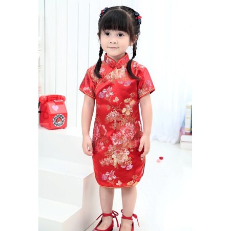 CHEONGSAM QIPAO ANAK MOTIF NAGA DAN PHONIX SILK SUTRA GONG XI FA CAI