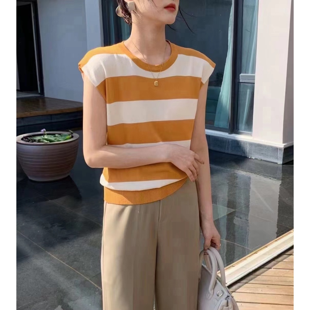 【Elegant】Korean Knit Round Neck Striped sleeveless T-Shirt 7481