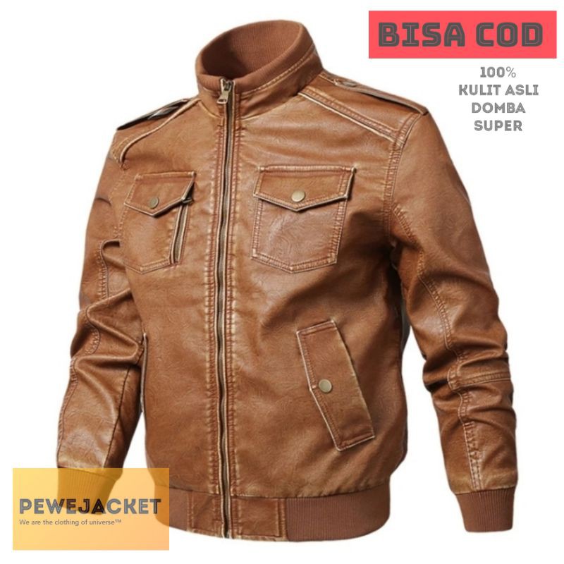 JAKET PRIA KULIT ASLI DOMBA SUPER/JAKET PRIA KULIT ASLI MODEL BOMBER KERAH WARNA COKLAT TAN