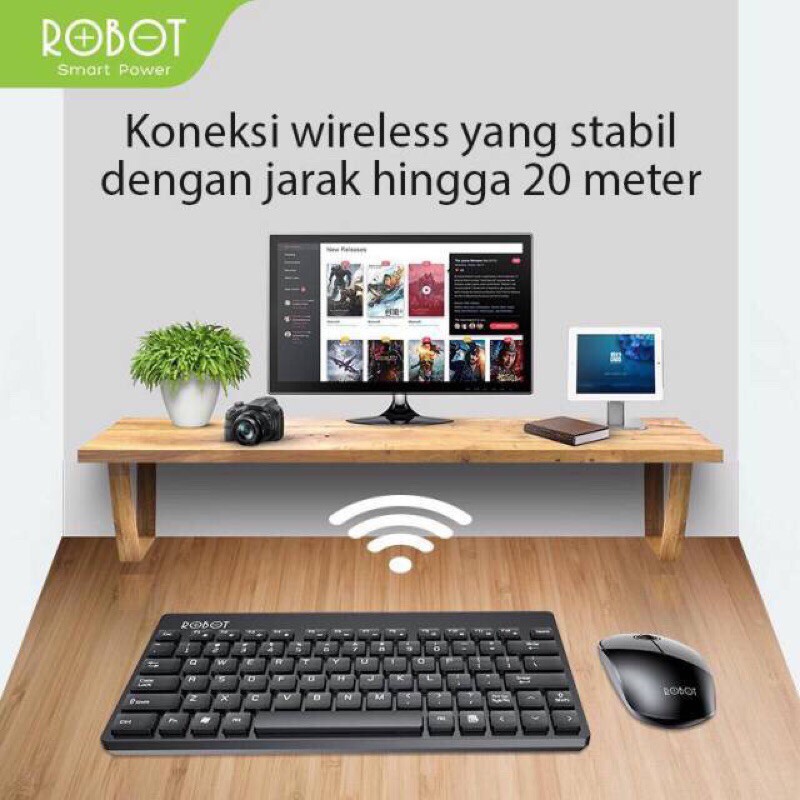 Keyboard Wireless Robot KM3000 Led Hitam Combo Mouse Usb Mini Series for Pc Laptop Original Red