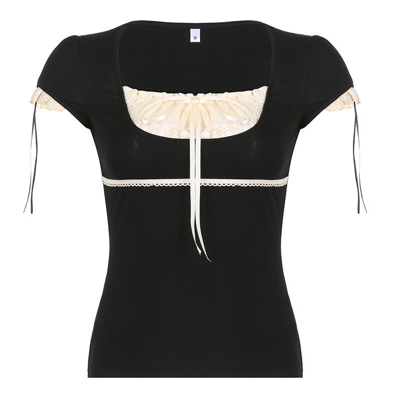 IAMHOTTY Perancis romantis palsu dua potong renda t-shirt wanita garam persegi kerah top wanita