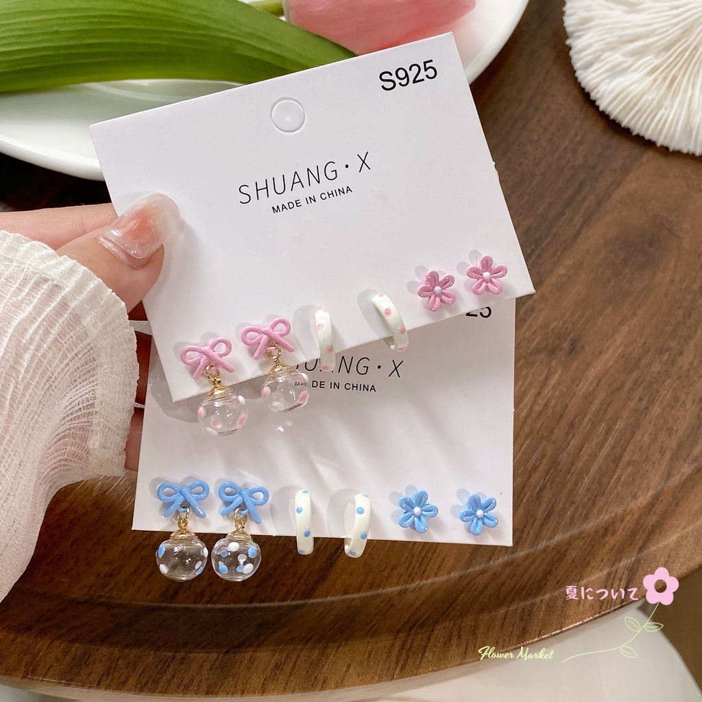 YEEZII Set Anting Hoop Desain Bunga Pita Warna Pink Biru Untuk Wanita