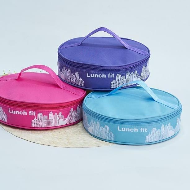 Tempat Makan Plus Tas Lunch Fit Set / Kotak Makan Plastik 3 Sekat / Bekal Makan Bulat