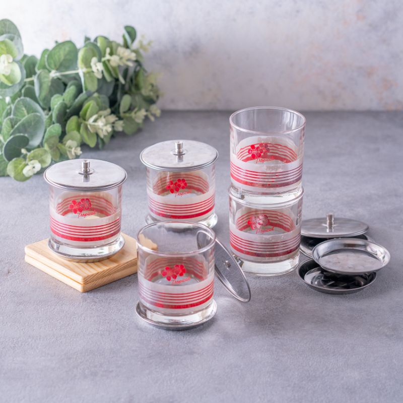Sale gelas kaca isi 5 motif bunga merah + tatakan dan tutup stenliss