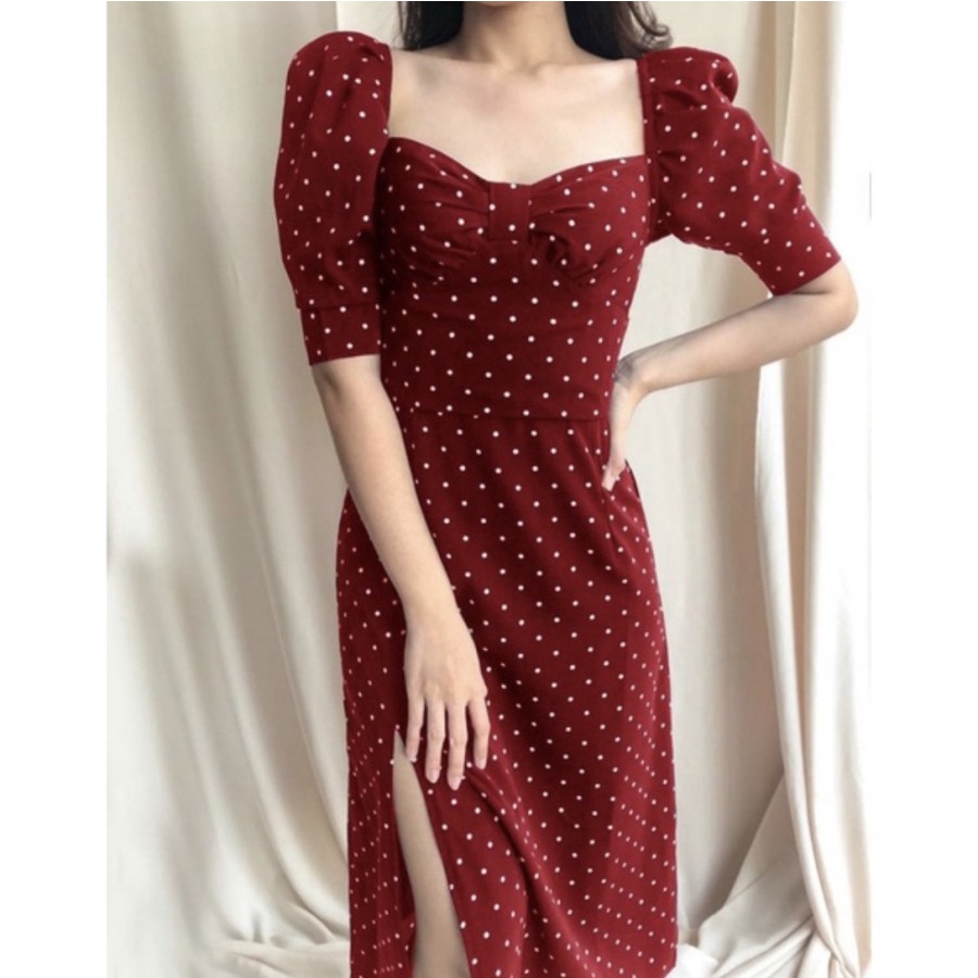 PARTY DRESS KOREAN STYLE POLKADOT U NECK IMPORT PREMIUM ALL SIZE NEW