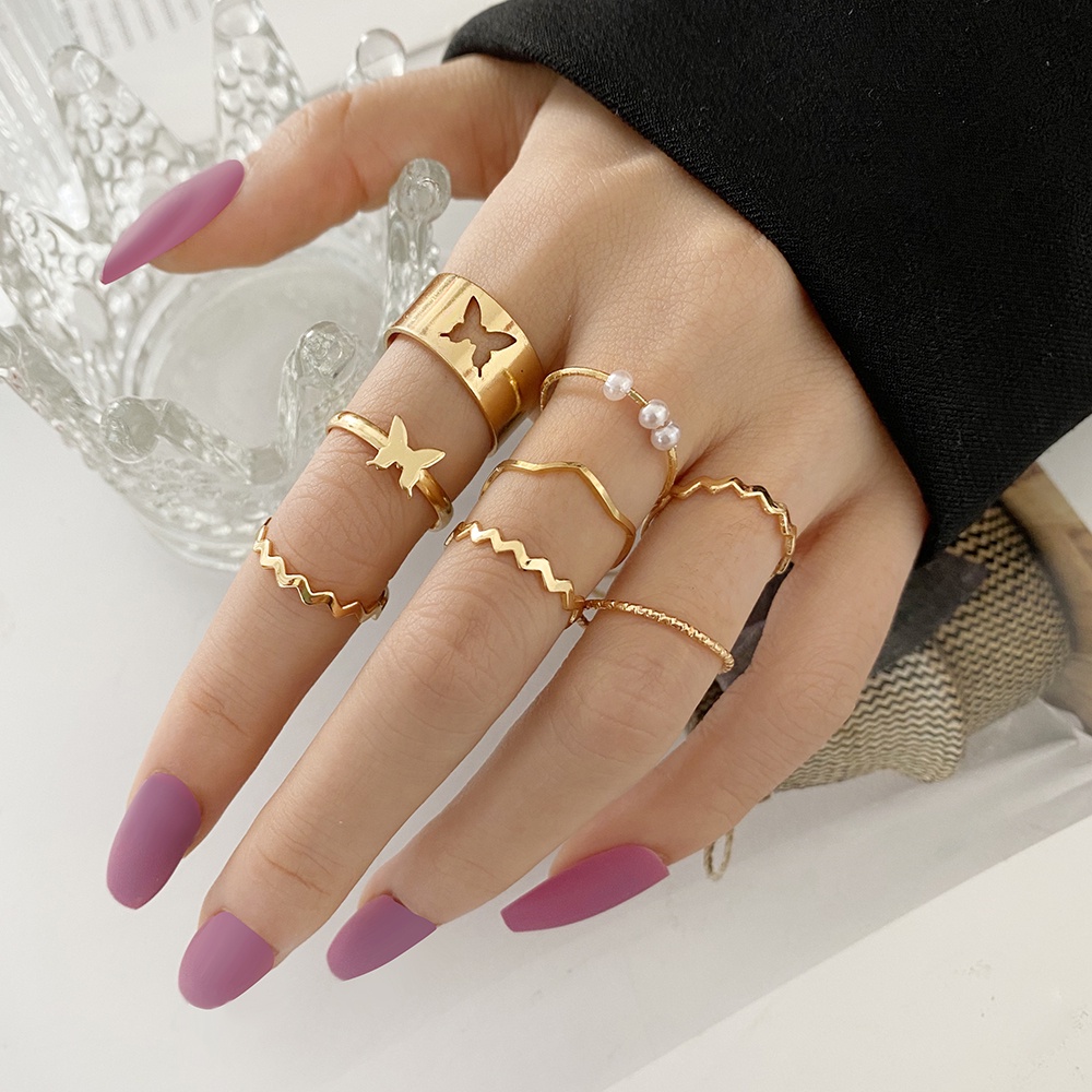 AY(CN) Set Cincin Desain Hati Butterfly Ular Aksen Mutiara Warna Emas Perak Gaya Korea Untuk Wanita