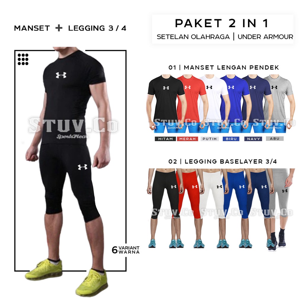 PAKET 2IN1 STELAN OLAHRAGA BASELAYER SHORTSLEEVE LENGAN PENDEK DAN CELANA LEGGING 3/4 UNISEX KEREN