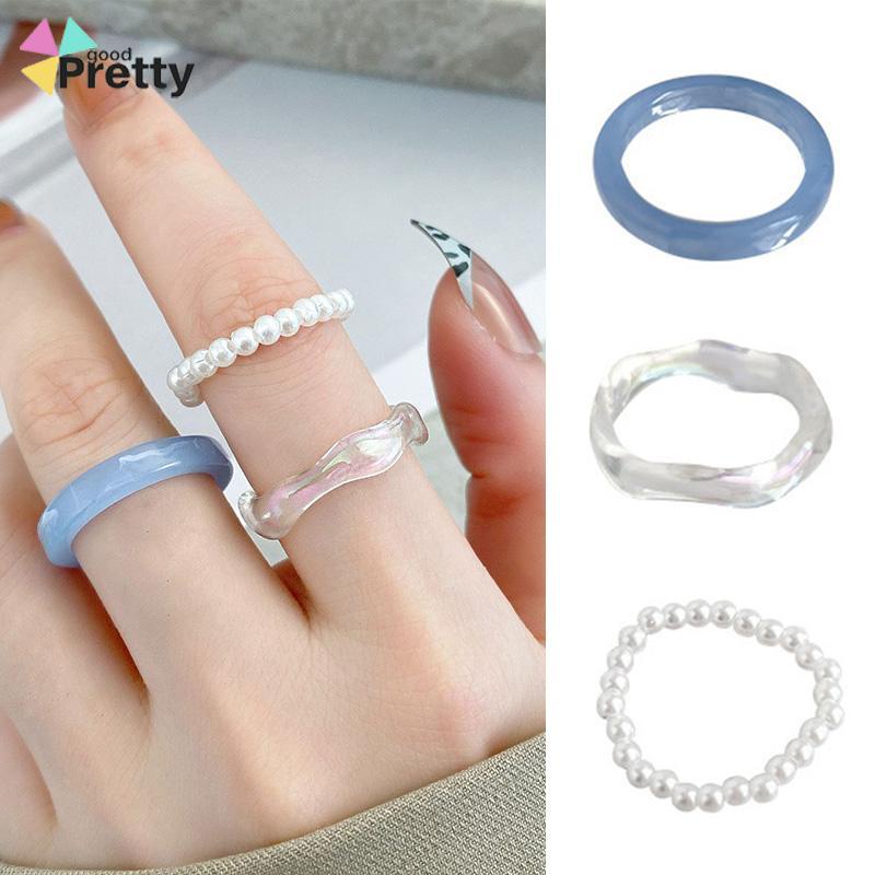 Cincin Resin Sederhana Cincin Mutiara Wanita Set Cincin Akrilik Premium 3 Buah - PD