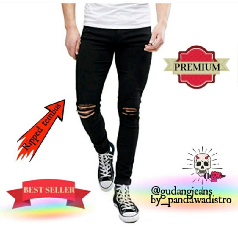 CELANA SOBEK PRIA RIPPED JEANS ROBEK SLIMFIT PENSIL SKINNY HITAM PREMIUM 27-38