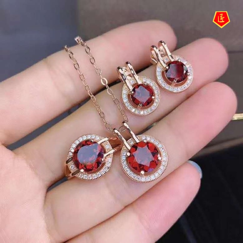 [Ready Stock]Natural Garnet Pendant 18K Gold Emerald Rings Ear Studs Set