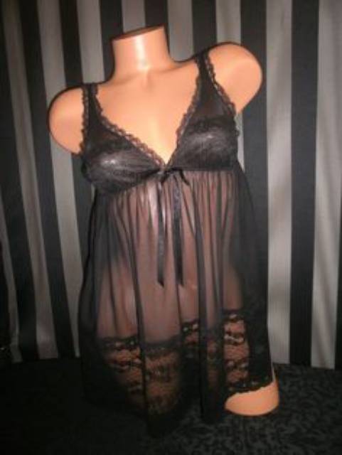 Victoria's Secret Sexy Sheer Lace Baby Doll Lingerie Set Black Size S