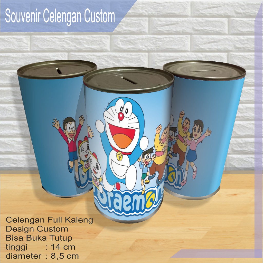 Celengan Kaleng Karakter Doraemon Custom Bisa Buka Tutup untuk Souvenir Ultah Anak