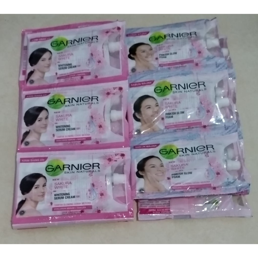 Ecer Garnier Sakura White Sachet / sabun wajah 9 ml /krim siang 7 ml