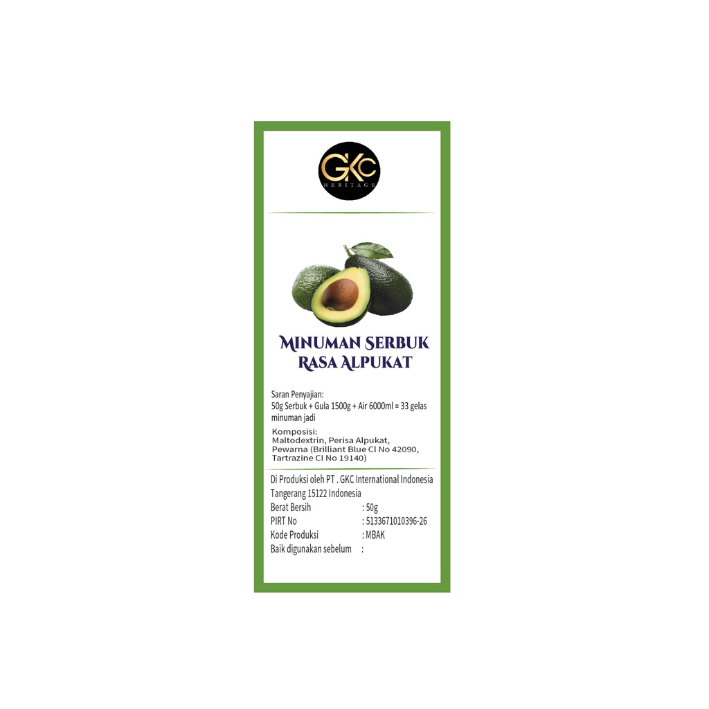 Bubuk Sirup Alpukat / Avocado Powder Syrup Serbuk Minuman Powder Drink GKC Heritage Konsentrat 50 gr