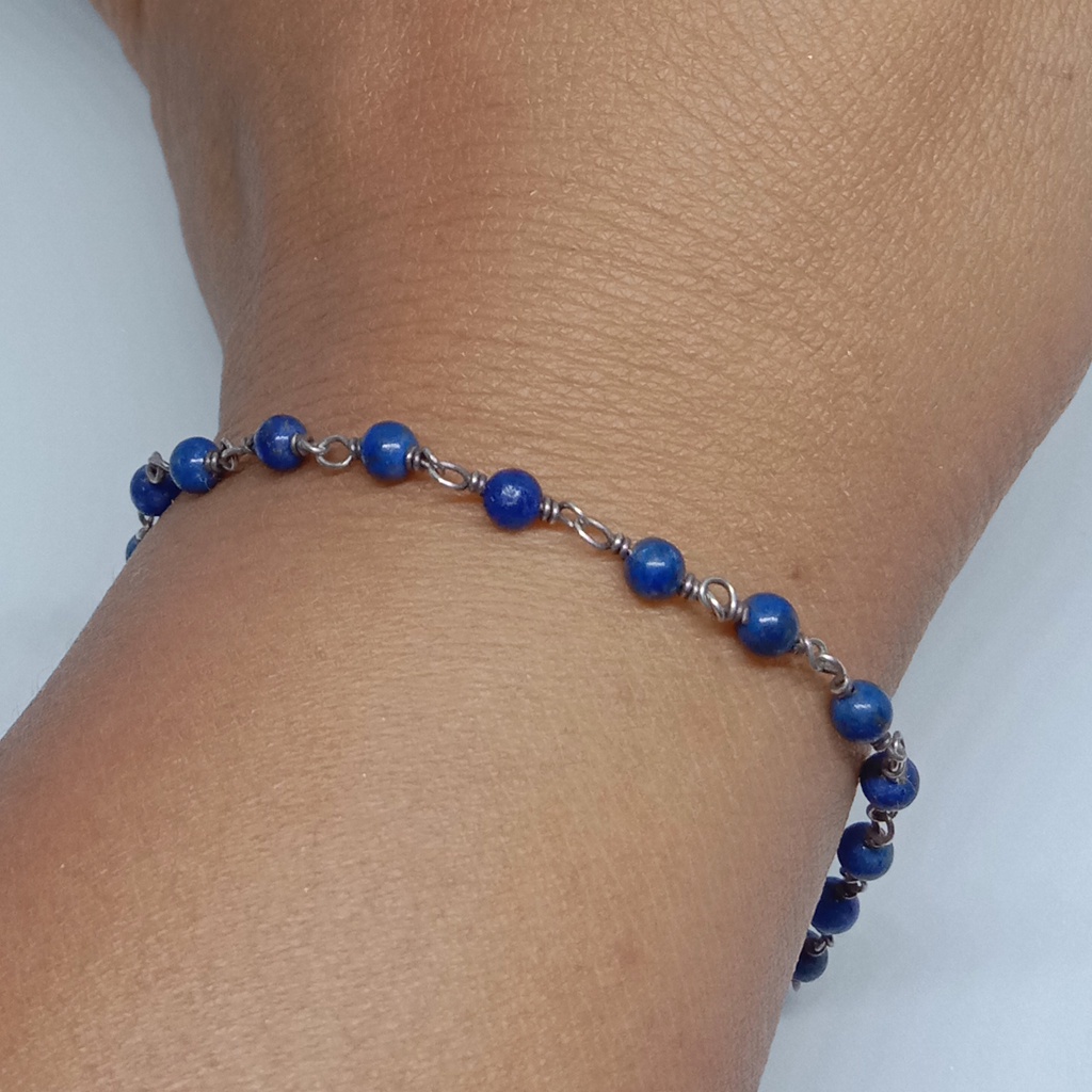 GHBR0043-Gelang Bead Permata Lapis Lazuli dan Mutiara Ikatan Kawat Perak