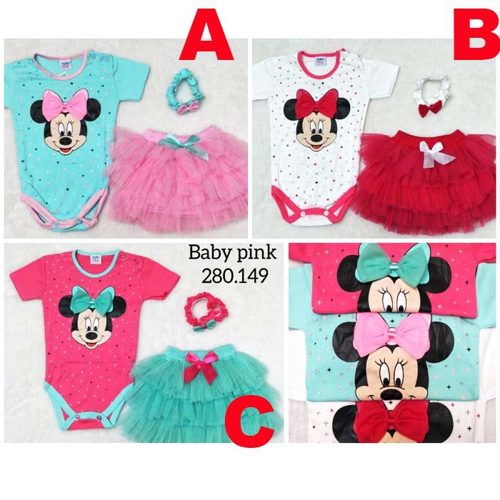 Baju Bayi Perempuan Set Jumper Rok Bonus Bandana Minnie Mouse