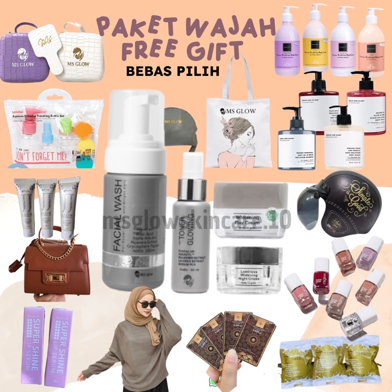MS GLOW PAKET PERAWATAN WAJAH FREE GIFT BEBAS PILIH (SCARLETT HELM GRACE AND GLOW EMAS TAS) Original