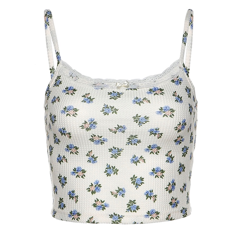 #Sisjuly#Sweet bm girl cute floral lace edge slim sling female navel T-shirt